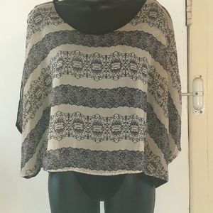 Blouse, Black and Gray, Size Large, Paisley and Rose print, partially see thru.